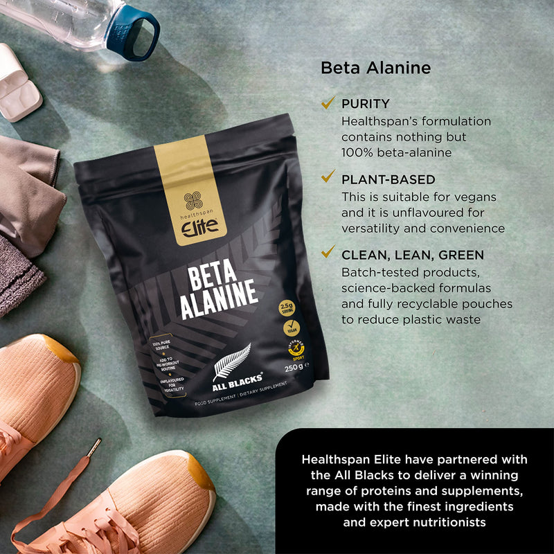 Healthspan Elite All Blacks Beta Alanine (250g) | Pre-Workout | Non Essential Amino Acid | Production of Carnosine | Unflavoured | Gluten Free | Vegan - BeesActive Australia