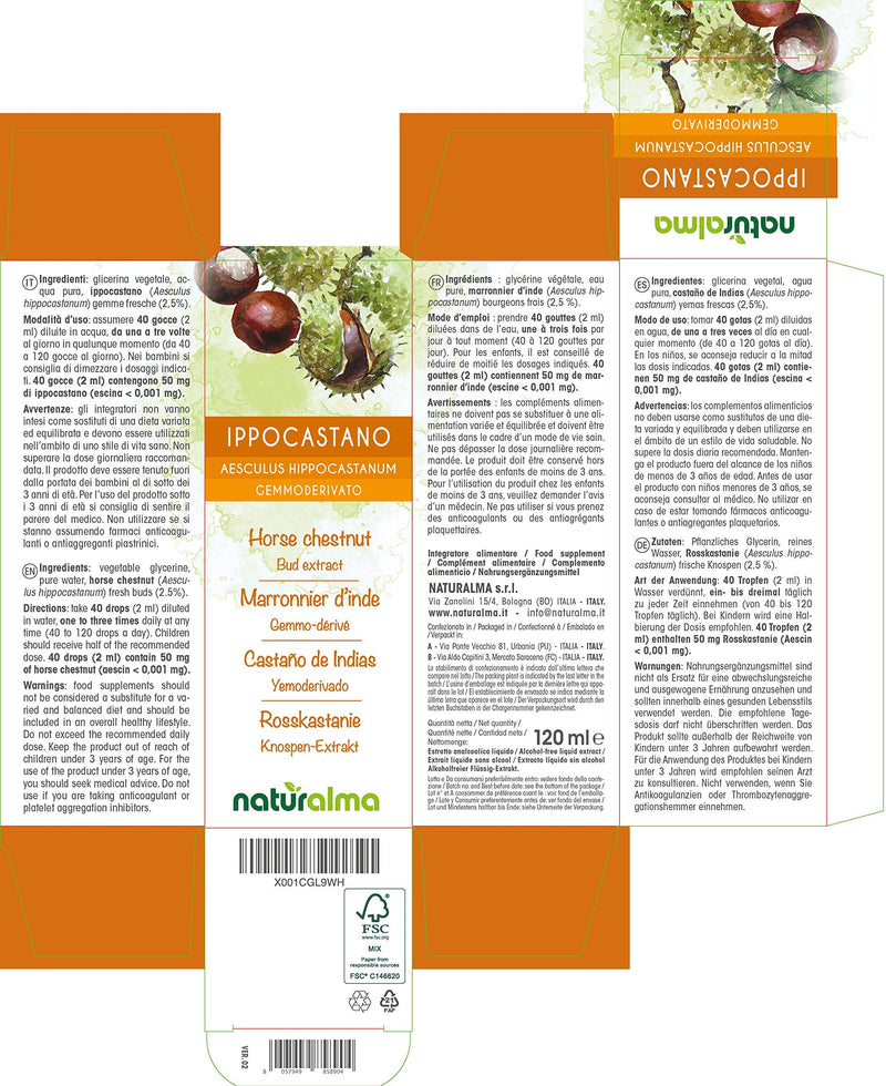 Horse Chestnut (Aesculus hippocastanum) Alcohol-Free Bud Extract from Fresh Buds NATURALMA | Liquid Drops 120 ml | Food Supplement | Vegan - BeesActive Australia
