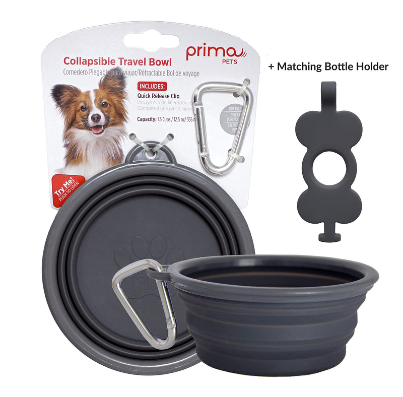 Prima Pets Collapsible Silicone Food & Water Travel Bowl with Clip for Dog and Cat: Small (1.5 Cups) + Bottle Holder, Gray GREY - BeesActive Australia