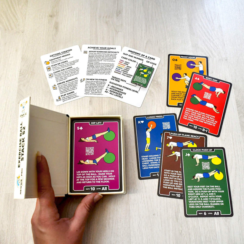 Stack 52 Exercise Ball Fitness Cards. Swiss Ball Workout Playing Card Game. Video Instructions Included. Bodyweight Training Program for Balance and Stability Balls. 2019 Updated Deck - BeesActive Australia