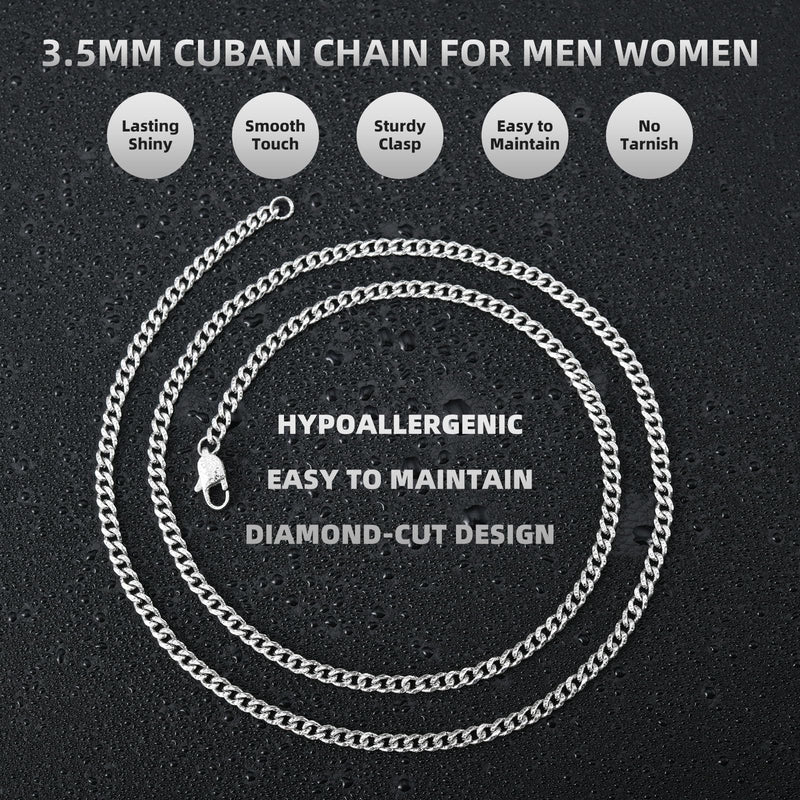 Mens Silver Chain, 3.5mm Curb Cuban Link Chain, Solid Diamond Cut Stainless Steel Necklace For Women, Italy Jewelry Available In 16-28 Inches 16 Inch(Women’s choker length) - BeesActive Australia