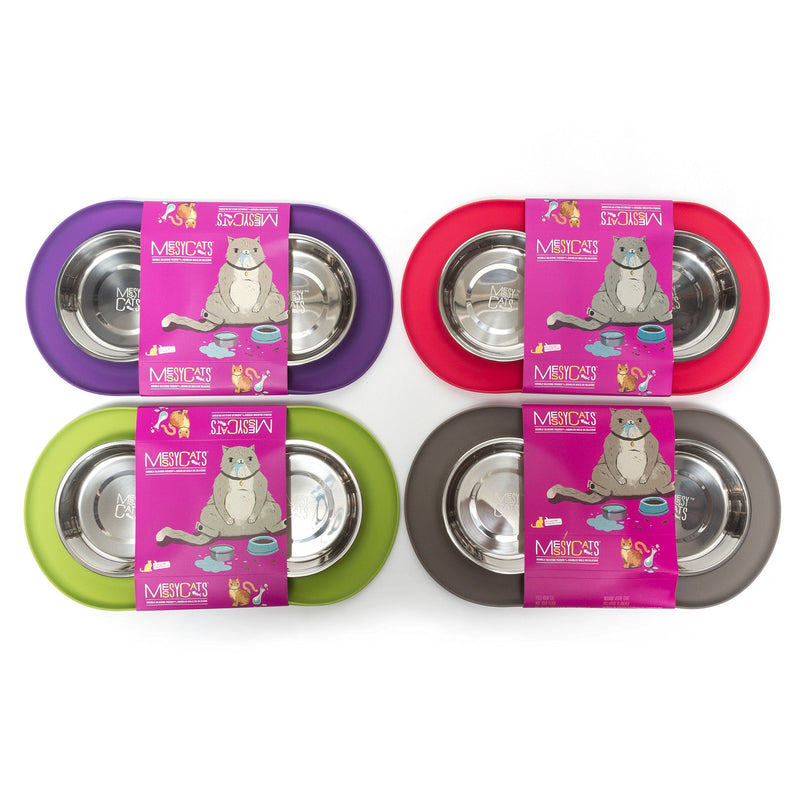Messy Cats Double Silicone Feeder with Stainless Saucer Shaped Bowl | Anti-Slip Non-Skid Cat Food Bowls | Two Cat Bowls in Feeding/Water Station Grey - BeesActive Australia