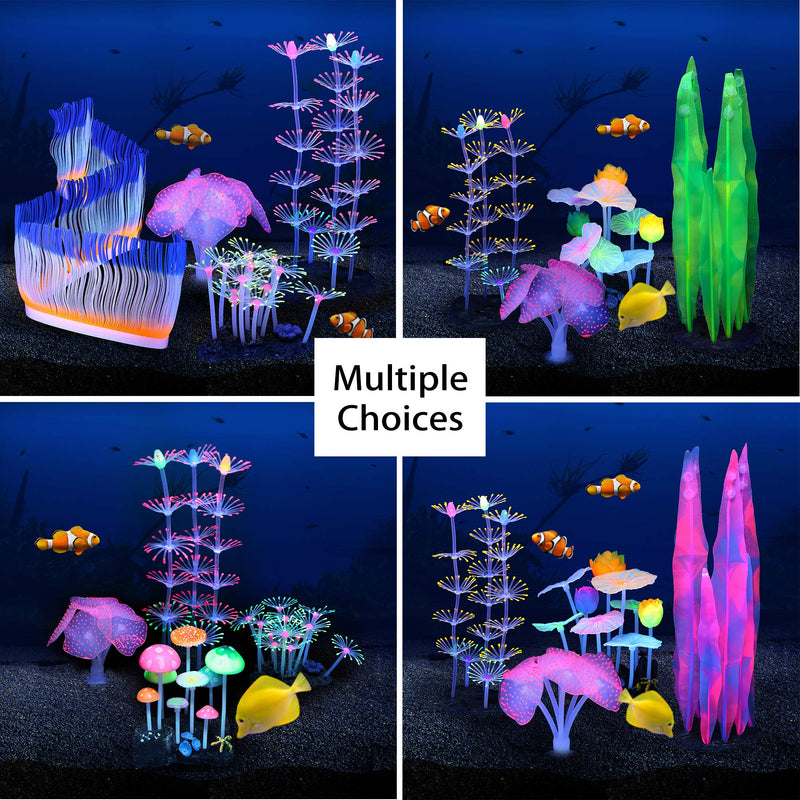Filhome Glowing Fish Tank Decorations Plants, 4 pcs Glow Aquarium Decorations, Glowing Mushroom Coral Plant Ornaments Mushroom, Strip coral, Coral, Anemone - BeesActive Australia