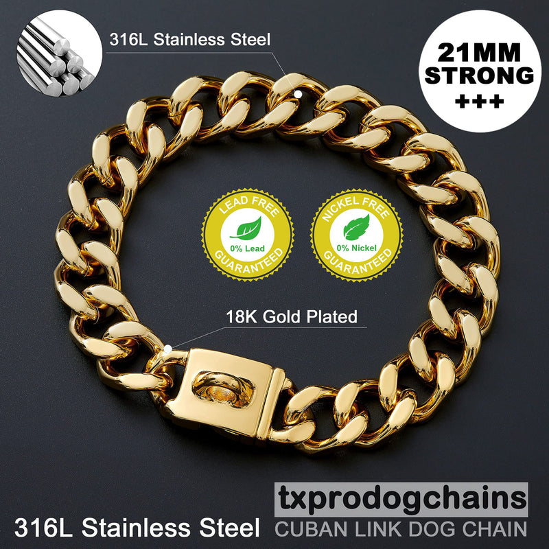 txprodogchains Big Dog Chain Collar with Buckle Strong Heavy Duty 21MM Thick Wide Stainless Steel Metal 18K Gold Cuban Link Chain Collar for Large Dogs 26" ( Fits Neck 24" to 25.5") - BeesActive Australia