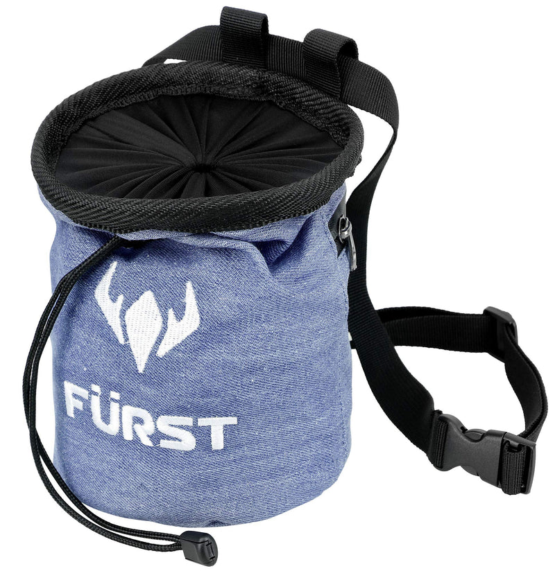 [AUSTRALIA] - FURST Denim Chalk Bag with Zippered Pocket and Brush Loop for Rock Climbing, Bouldering, Gym, Crossfit, Lifting Light Blue 
