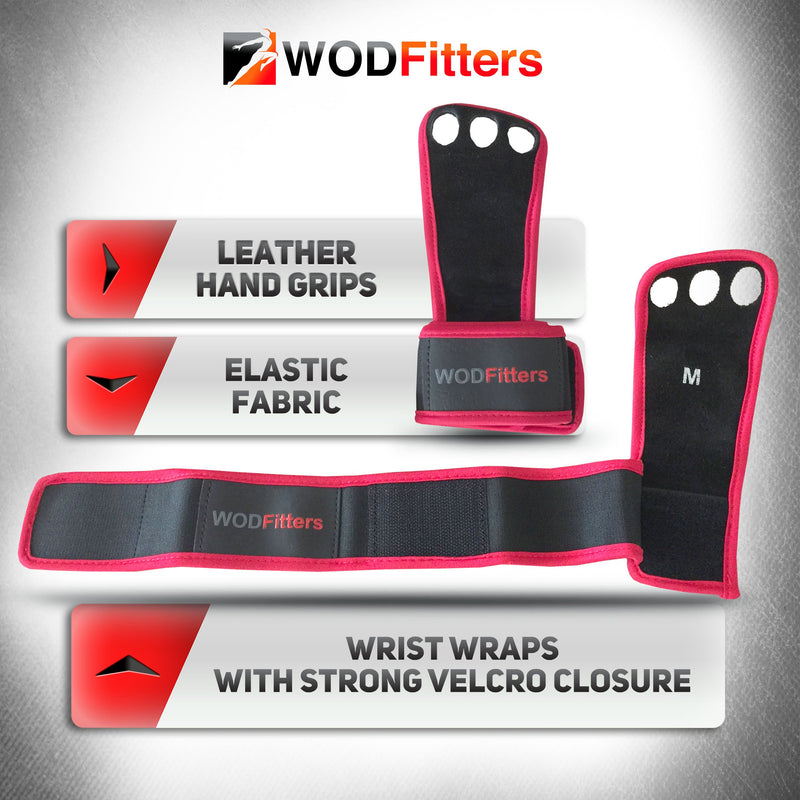 [AUSTRALIA] - WODFitters Leather Wrist Support Hand Grips Perfect Grips for Cross, Functional, Kettlebell & Barbell Training - WODs & Weightlifting - Ergonomic Wrist Support & Callus Protection Black - Red Small 