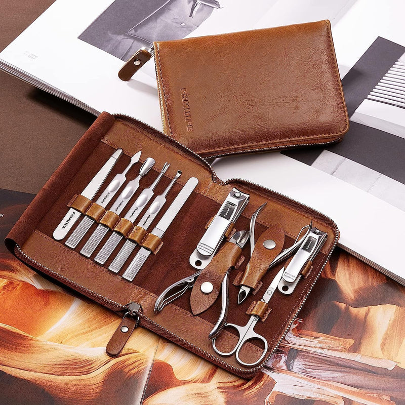 Manicure Set, FAMILIFE Professional Manicure Kit Nail Clippers Set 11 in 1 Stainless Steel Pedicure Tools Kit Nail Kit Men Grooming Kit with Portable Brown Leather Travel Case Luxury Gifts for Him - BeesActive Australia