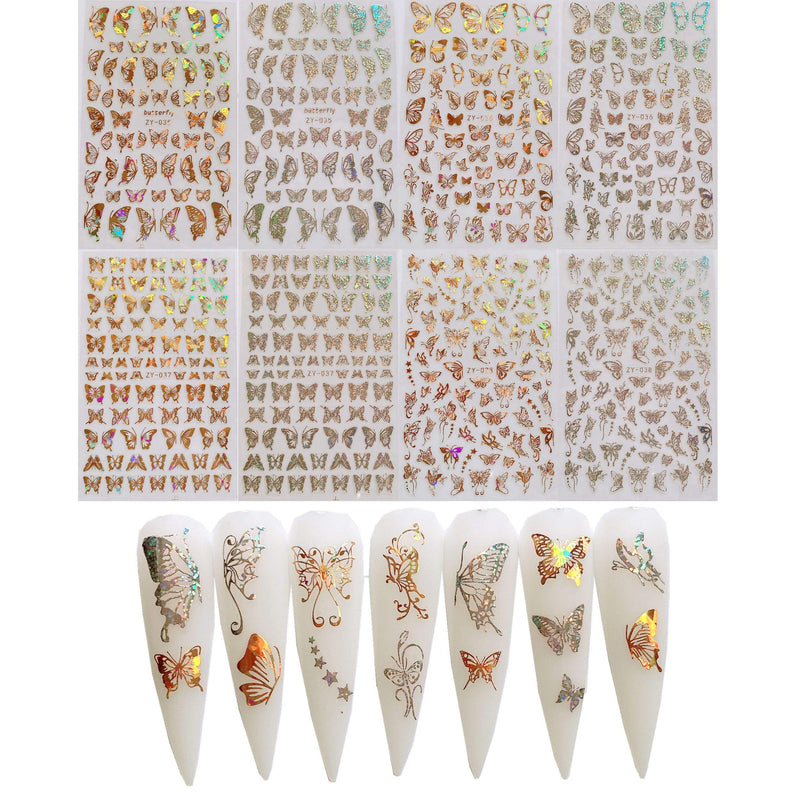 NAIL ANGEL 8Sheets Nail Art Adhesive Sticker Sheets Different Laser Gold and Silver Color Butterfly Shapes Nail Art Decoration 10238 - BeesActive Australia