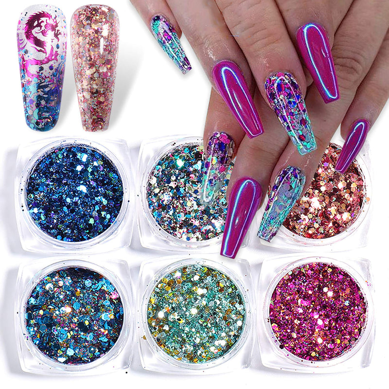 Holographic Nail Art Glitter Acrylic Nail Sequins Mixed Powder Iridescent Flakes Laser Sparkles Nail Tips Decor Crafts Festival for Women Girls DIY Design 6 Boxes - BeesActive Australia