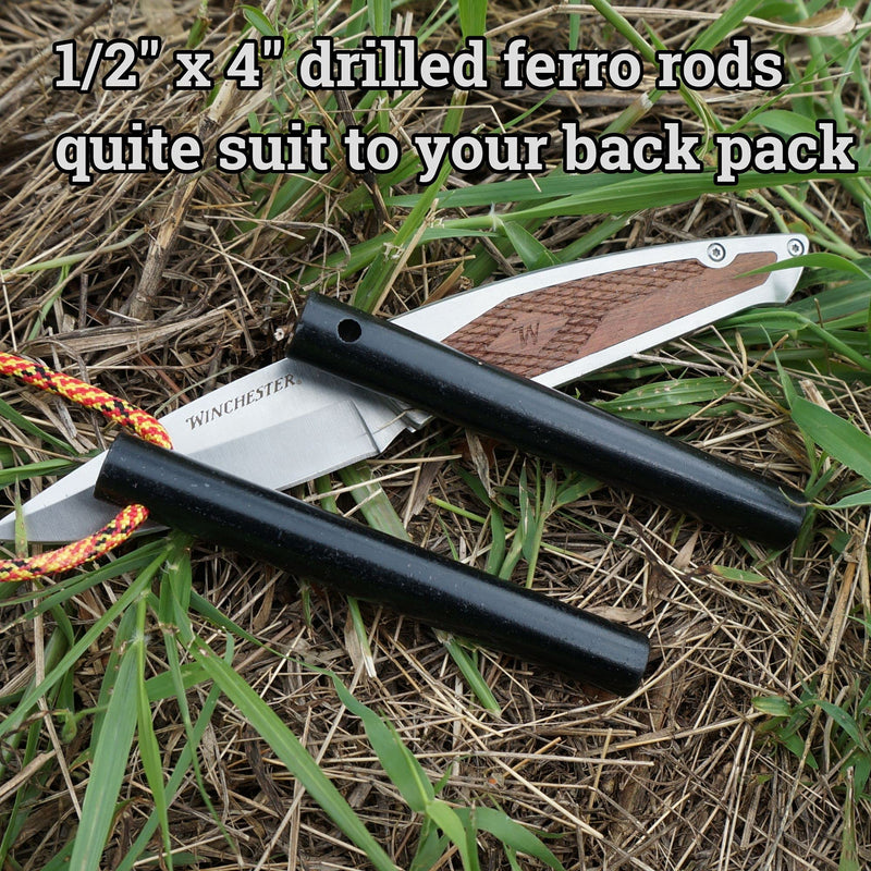 FERROFIRE 1/2" x 4'' or 3/8" x 4" Drilled Ferro Rods Flint Steel Ferrocerium Rod with Lanyard Hole for Paracord 1/2" x 4" (pack of 2) - BeesActive Australia