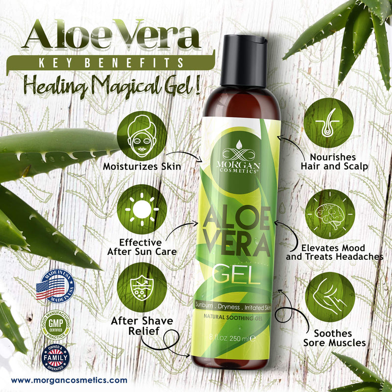 Morgan Cosmetics Pure Aloe Vera Gel, Hydrating and Soothing Hair, Skin and Nail Moisturizer, Relieves Sunburn, Bug Bites, Rashes, Acne, Small Cuts, 8 oz - BeesActive Australia