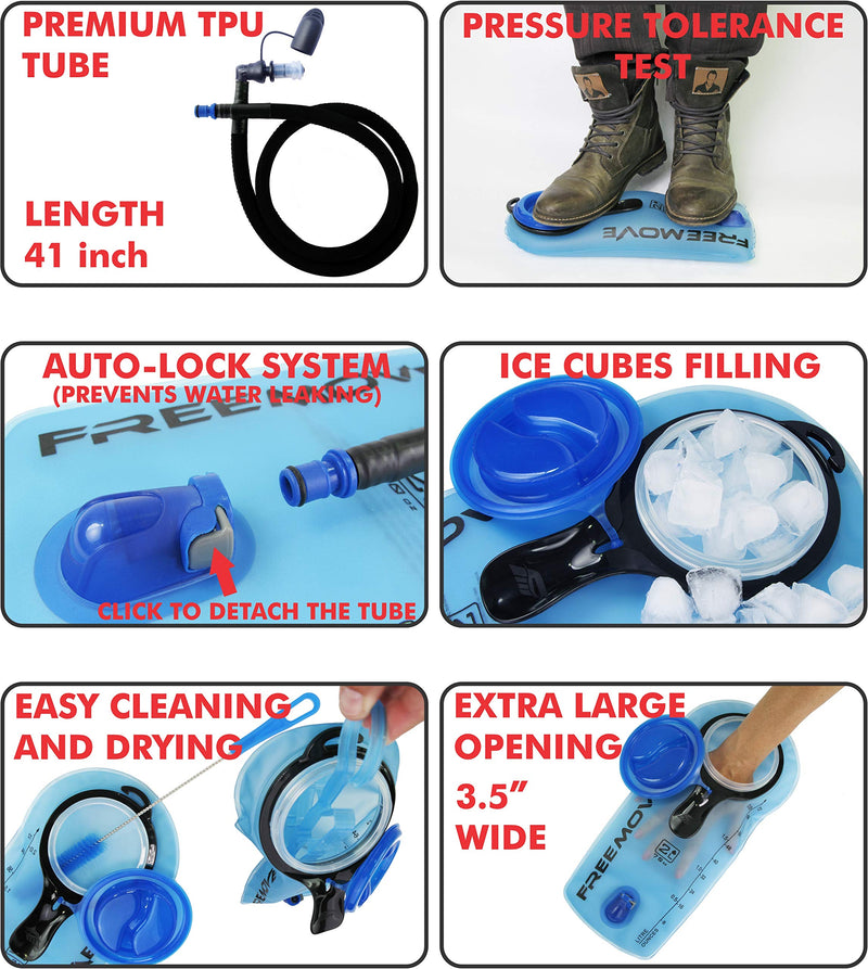 [AUSTRALIA] - FREEMOVE 2L Hydration Bladder Pack with Cleaning Kit or 3L Water Bladder or Cleaning Tabs 24 Pack, Leak Proof and BPA Tasteless TPU Bladder Reservoir Bag, Quick Release Tube, Shutoff Valve 2L Bladder BLUE + Cleaning Kit 