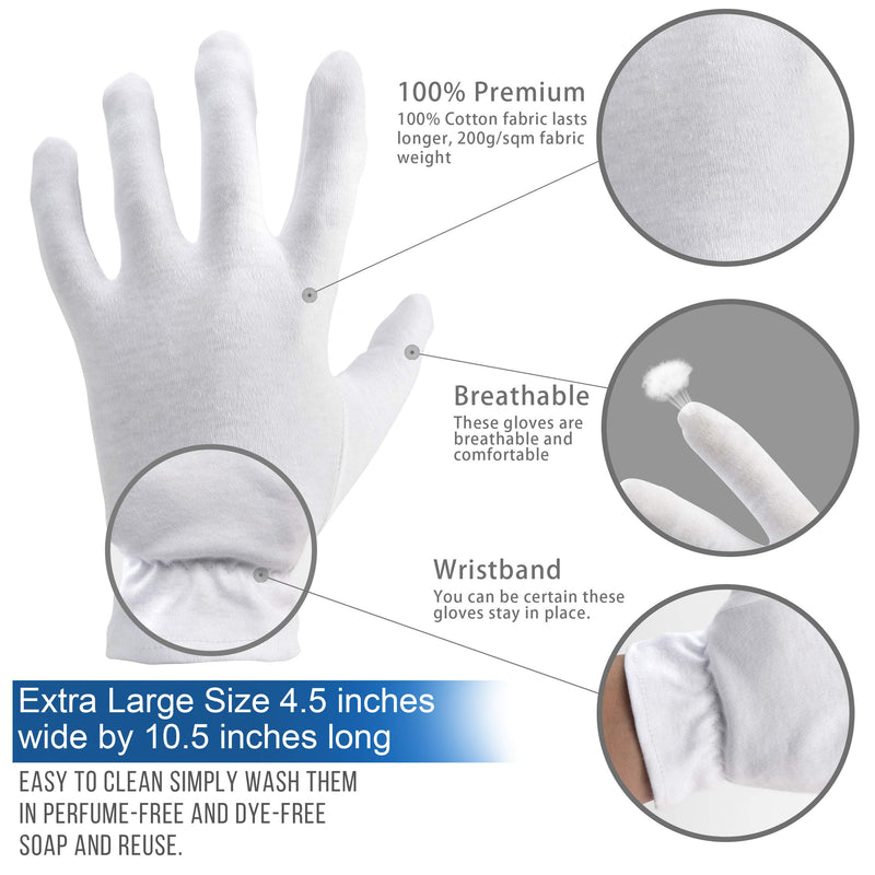 Extra Large, XL Moisturizing Gloves OverNight Bedtime Cotton Cosmetic Inspection Premium Cloth Quality Eczema Dry Sensitive Irritated Skin Spa Therapy Secure Wristband … (8 Pack) 8 Pack - BeesActive Australia