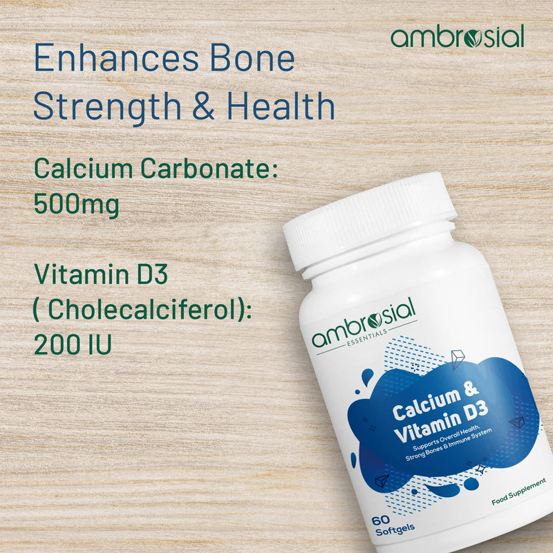 Ambrosial Calcium & Vitamin D Tablets | High Potency Calcium Supplement for Bone Health, Muscles & Teeth | High Strength Calcium Tablets (Pack of 1-60 Softgels) Pack of 1- 60 Softgels - BeesActive Australia
