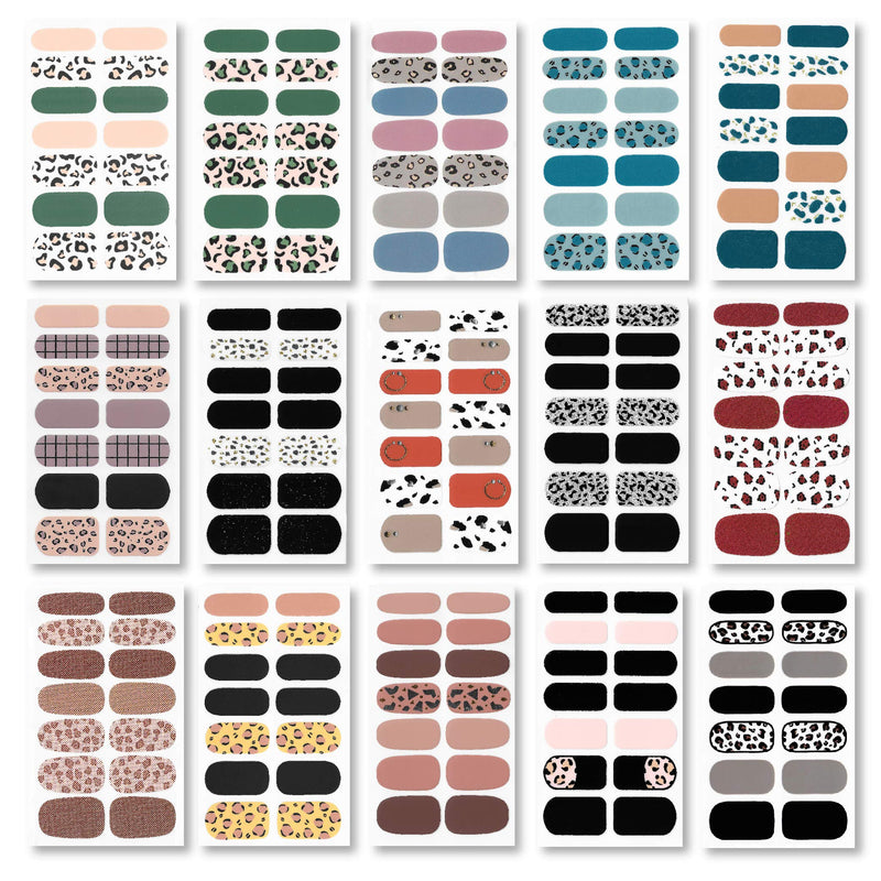 210 pcs 15 Sheets Full Nail Wraps Art Polish Stickers Leopard Print Gradient Nail Adhesive DIY Nail Art Sticker with 1PCS Crystal Glass Nail Files for Women Girls - BeesActive Australia