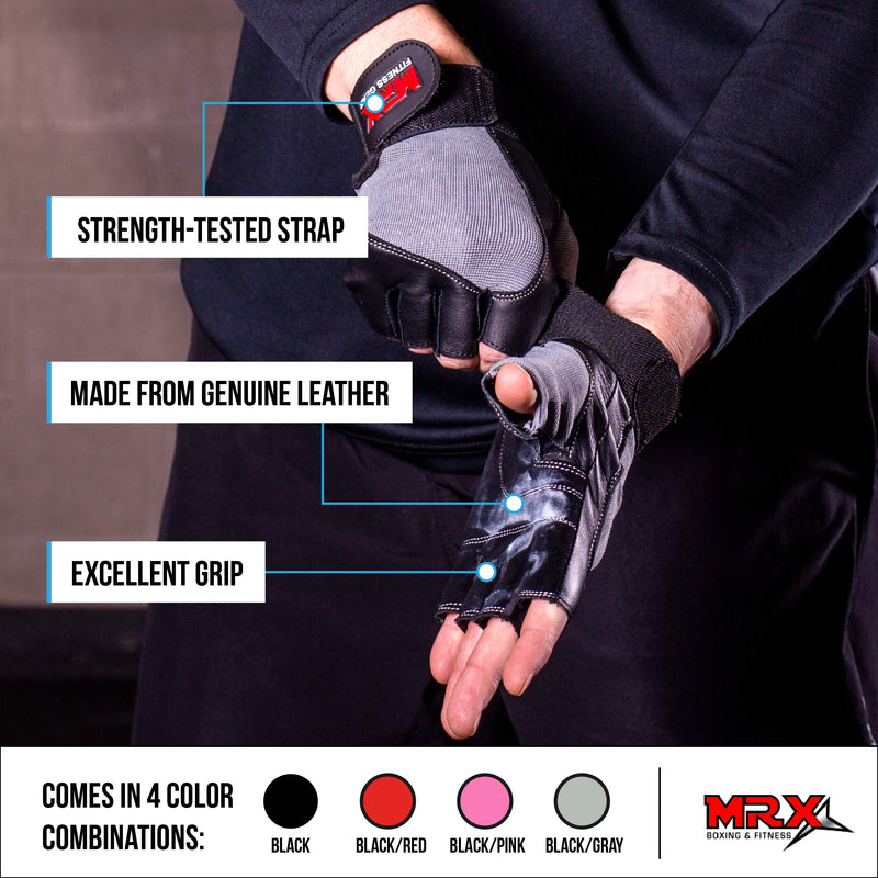 MRX Weight Lifting Gloves Gym Training Bodybuilding Fitness Powerlifting Workout Weightlifting Gloves Genuine Leather for Men & Women Black/Grey Large - BeesActive Australia