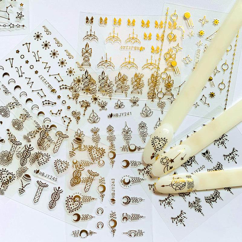 NAIL ANGEL 24 Sheets Nail Art Adhesive Gold Color Sticker Sheets Moon Star Universal Flower Shapes Sticker Sheets Nail Art Deco 10057 - BeesActive Australia