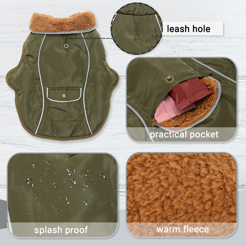 Dog Winter Coat - Warm Fleece Dog Clothes for Rain Snow Wind Cold Weather - Reflective Adjustable Cozy Waterproof Windproof Dog Vest Jacket with Leash Hole for Small Medium Large Dogs Indoor Outdoor XXL (chest:30"-40" neck:23.2") Green - BeesActive Australia