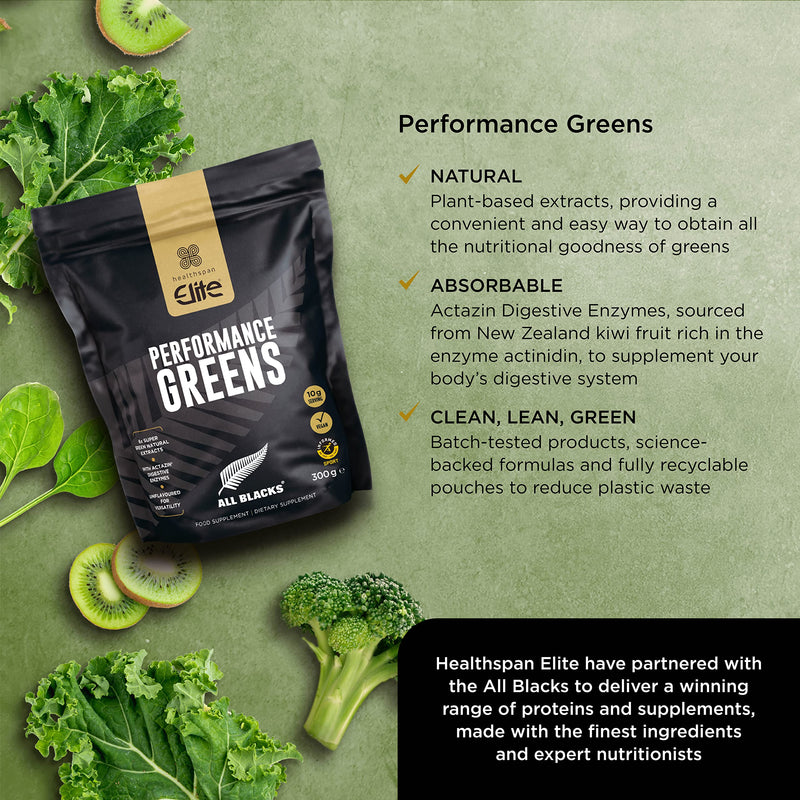 Healthspan Elite All Blacks Performance Greens (300g) | Super Green Extracts | Unflavoured | Add to Shakes or Meals | Includes Spirulina, Kale, Spinach, Broccoli & Pomegranate | Added Actazin | Vegan - BeesActive Australia