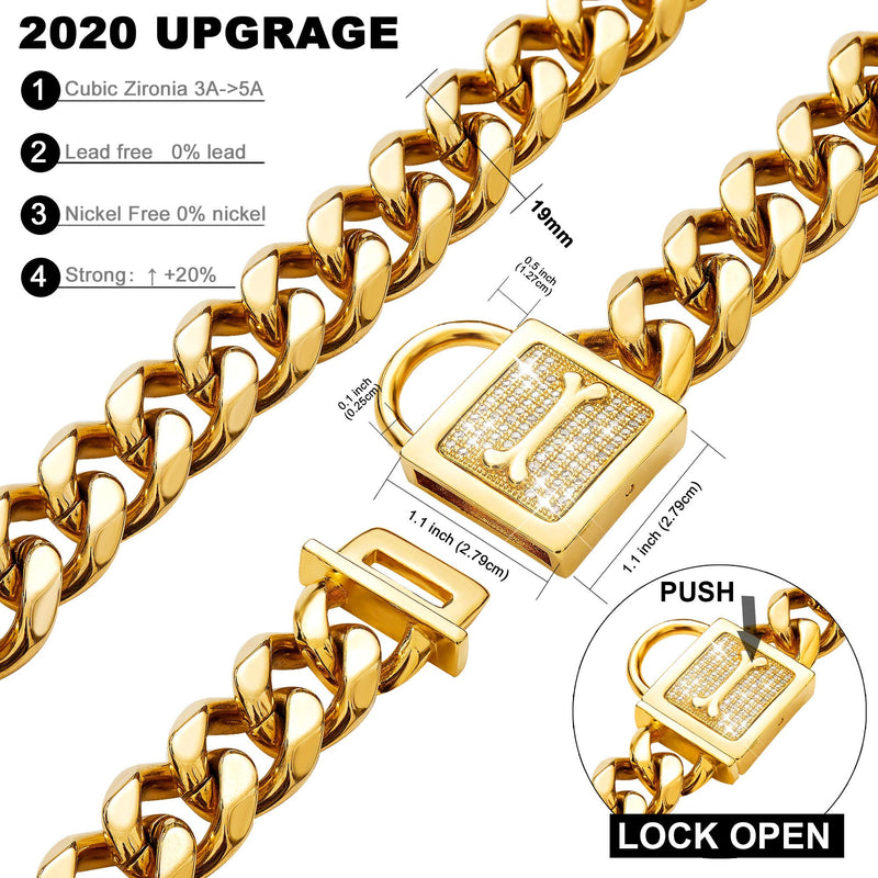PRADOG Gold Chain Dog Collar Bling Cuban Link Dog Collars with Zirconia Buckle 19mm 18k Gold Silver Dog Chain Necklace Puppy Collar(12 to 26in) 24" ( Fits Neck 22" to 23.5") - BeesActive Australia