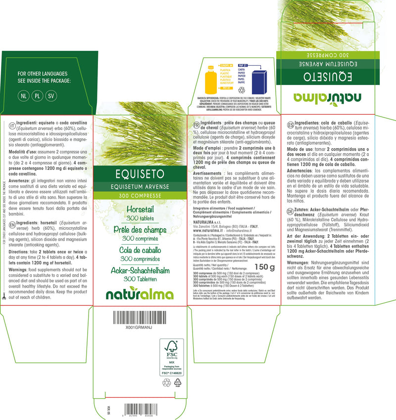 Horsetail (Equisetum arvense) herb NATURALMA | 150 g | 300 Tablets of 500 mg | Food Supplement | Natural and Vegan - BeesActive Australia