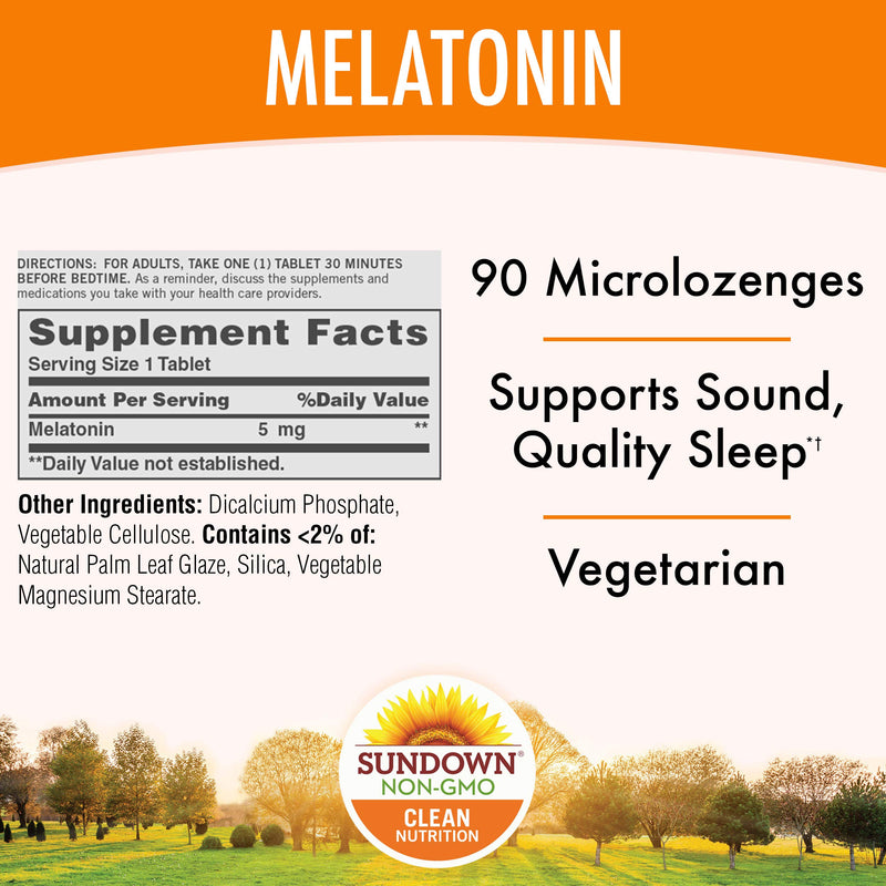 Melatonin by Sundown, for Restful Sleep, Non-GMOˆ, Free of Gluten, Dairy, Artificial Flavors, 5 mg, 90 Quick Dissolve Microlozenges (Packaging May Vary) - BeesActive Australia