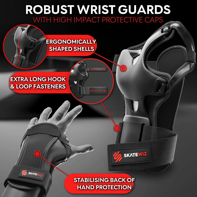 SKATEWIZ Skate Pads for Kids Teenagers and Adults - Impact - Protective Gear Set [6pc] with Knee Pads Elbow Pads and Wrist Guards - Designed in Germany - Climate Neutral and Certified XS (Kids 4 years and older) BLACK - BeesActive Australia