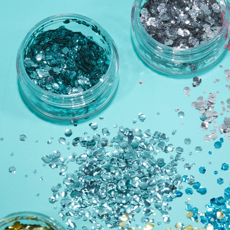 Biodegradable Eco Chunky Glitter by Moon Glitter - 100% Cosmetic Bio Glitter for Face, Body, Nails, Hair and Lips - 3g - Set of 5 - plus Glitter Fix Gel - BeesActive Australia