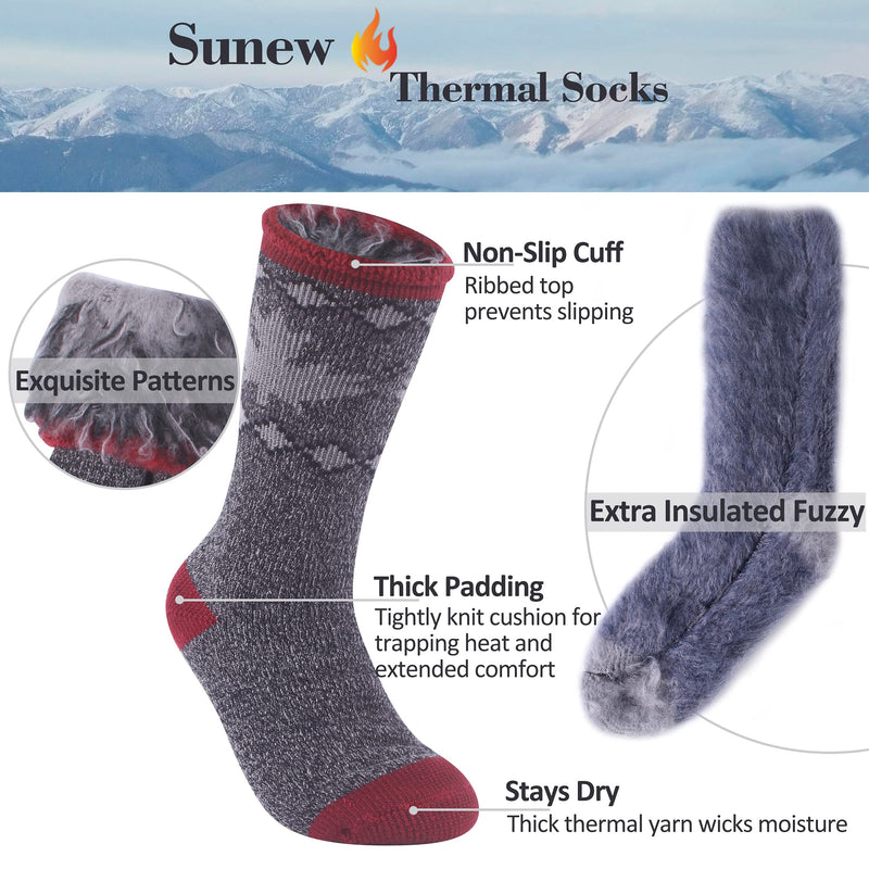 Warm Thermal Socks, Sunew Unisex Thick Insulated Heated Winter Heavy Crew Socks 2 Pair Gray Red Black Large - BeesActive Australia