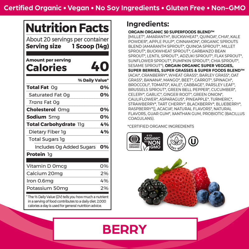 Orgain Organic Greens Powder + 50 Superfoods, Berry - 1 Billion Probiotics for Gut Health, Antioxidants, Vegan, Plant Based, Gluten Free, Non GMO, Dairy Free Juice & Smoothie Mix - 0.62lb - BeesActive Australia