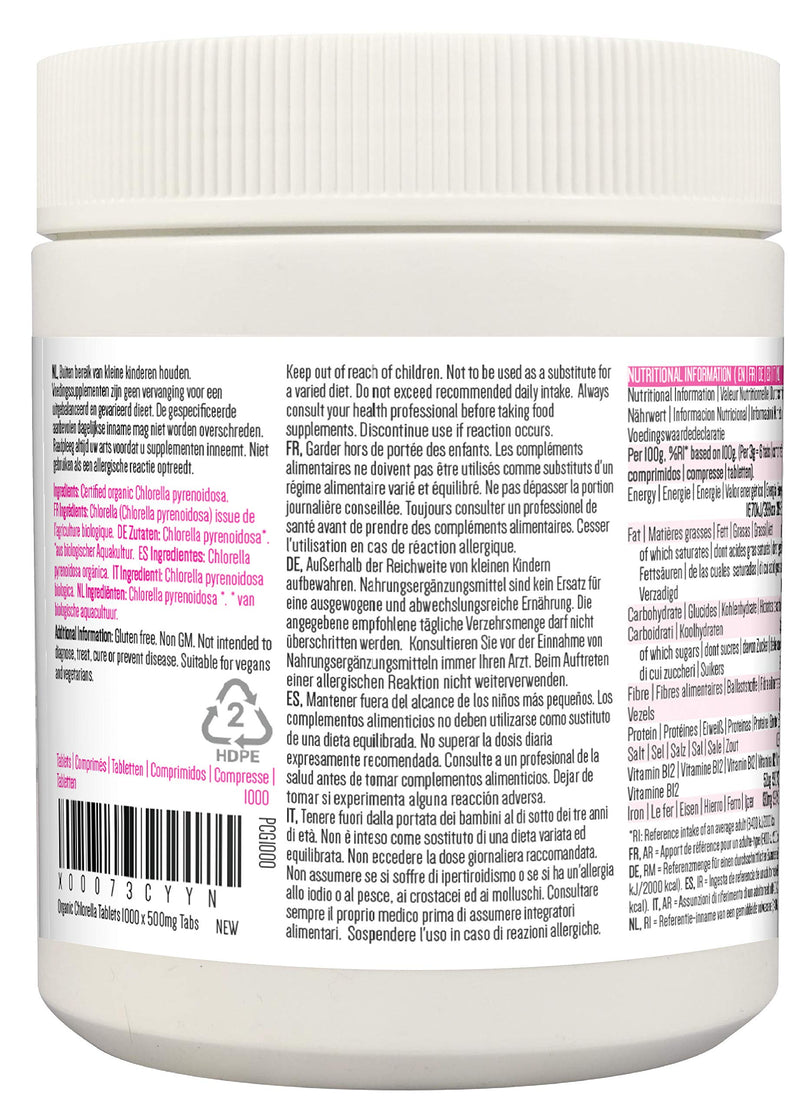 PINK SUN Organic Chlorella Tablets 500mg x 1000 Tabs Pyrenoidosa Broken Cell Wall Cracked Gluten Free Non GMO Vegetarian Vegan Certified Organic by The Soil Association 500g Bulk Buy 1 - BeesActive Australia