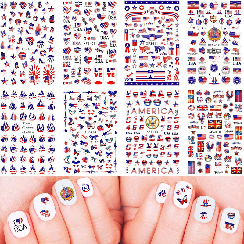 4th of July Nail Art Stickers Decals Patriotic Designer Nail Stickers 3D Nail Art Supplies Self Adhesive American Flag Heart Star Lips Butterfly Flame I Love America Nail Stickers (8 Sheets) A-1 - BeesActive Australia