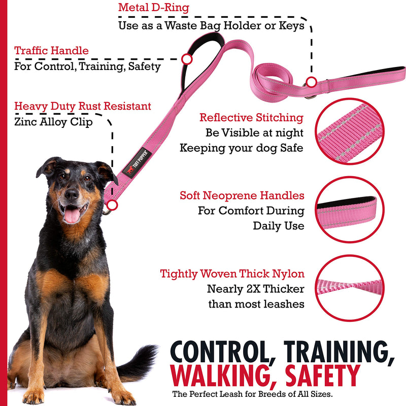 Tuff Pupper Heavy Duty Double Handle Dog Leash | Twist Locking Carabiner Dog Clip | Safety Lock Leash To Hold Strong Dogs | Reflective For Safe Night Walks | 6 Foot Dog Leash | For Medium & Large Dogs 72 Inch (Pack of 1) Hot Pink - BeesActive Australia