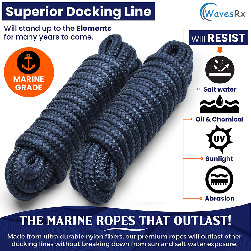 WAVESRX Premium Boat Dock Line ? x 15 (2 Pack) | Double Braided Nylon Marine Mooring Rope | Low Stretch and High Shock Absorption, 12 Spliced Eyelet + Storage Bag | Resist Oil, Sun and Saltwater 3/8"x15' (2PK) - BeesActive Australia