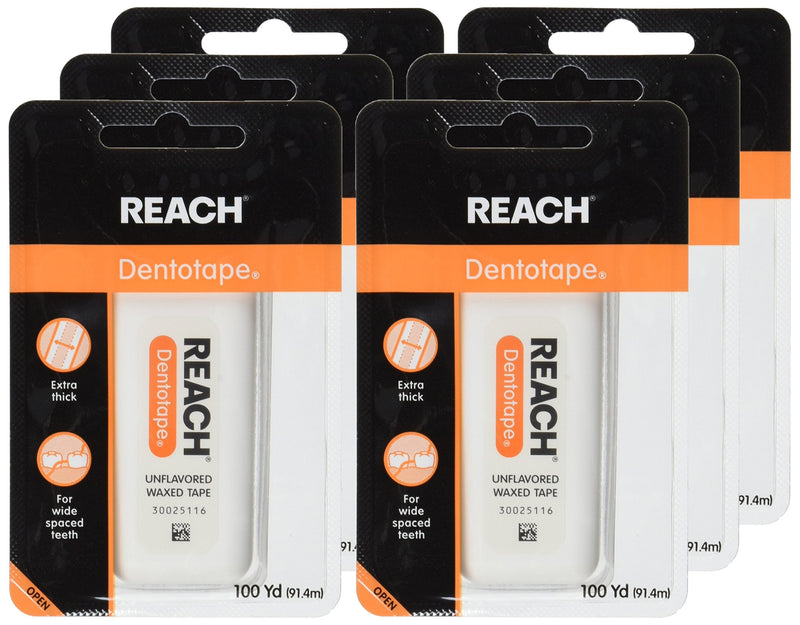 Reach Dentotape Waxed Dental Floss with Extra Wide Cleaning Surface for Large Spaces Between Teeth, Unflavored, 100 Yards, (Pack of 6) 1 count (Pack of 6) Dentotape Extra Wide Waxed Tape - BeesActive Australia