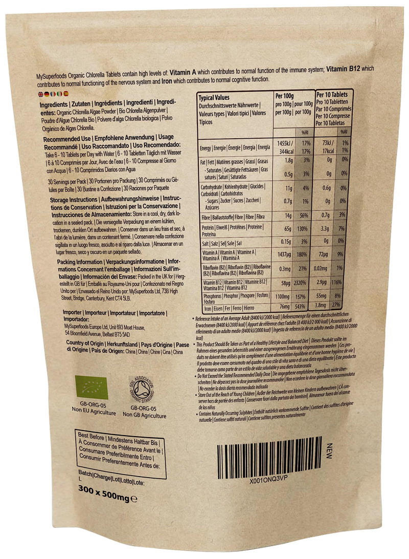 MySuperfoods Organic Chlorella Tablets (300 x 500mg), Natural Source of Protein 300 Count (Pack of 1) - BeesActive Australia