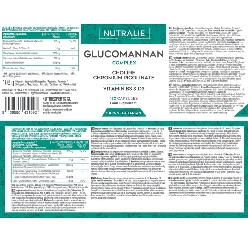 Glucomannan Weight Loss & Appetite Suppressant 100% Natural | Glucomannan Konjac with Choline Bitartrate, Chromium Picolinate and Vitamins B3 and D3 | 120 Vegetable Capsules Nutralie - BeesActive Australia