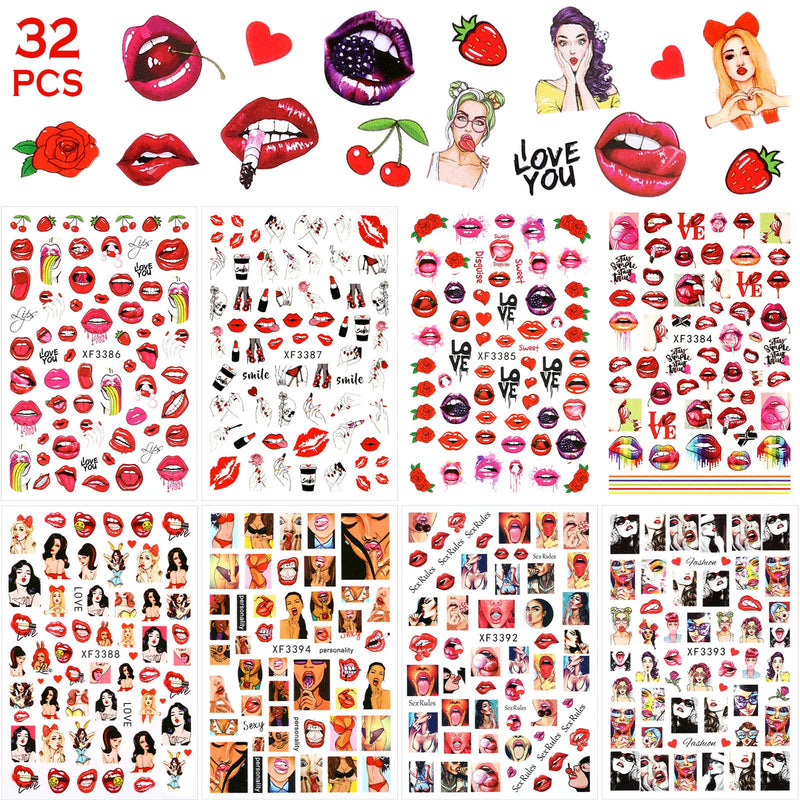 32 Sheets Lips Nail Art Stickers Valentine's Day Nail Sticker Lips Design Beauty Different Patterns Decals Self-Adhesive Nail Art Decals Stickers for Lips Girl Cool Decoration - BeesActive Australia