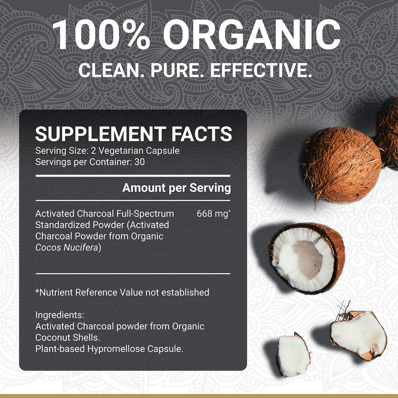 Organic Activated Charcoal Capsules | Clean Steam Activated Charcoal Tablets | Wild Harvested Organic Coconut Shells | Natural Ayurvedic Supplement | 60 Vegan Activated Charcoal Powder 60 Count (Pack of 1) - BeesActive Australia