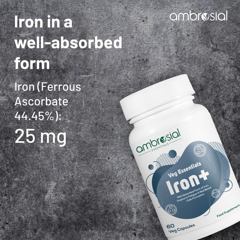 Ambrosial Iron Tablets High Strength 25mg| Iron Supplements for Women & Men Blood Support & Helps Reduce Tiredness & Fatigue | Enhanced Absorption & Non - Constipating (Pack of 1-60 Capsules) - BeesActive Australia