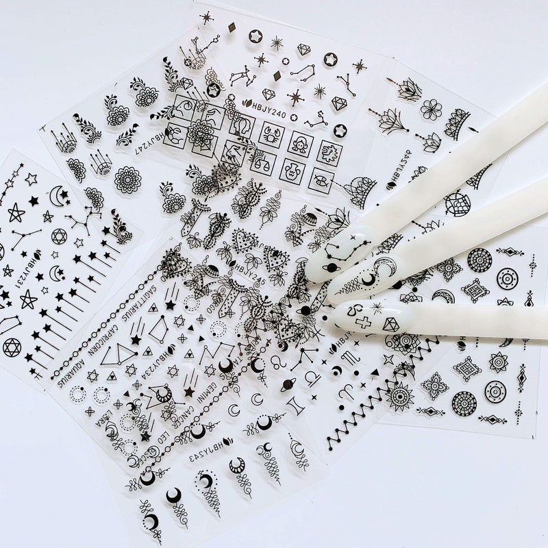 NAIL ANGEL 24 Sheets Nail Art Black Sticker Moon and Star Universal Flower Shapes Different Patterns Mix Sticker Sheets 10056 - BeesActive Australia
