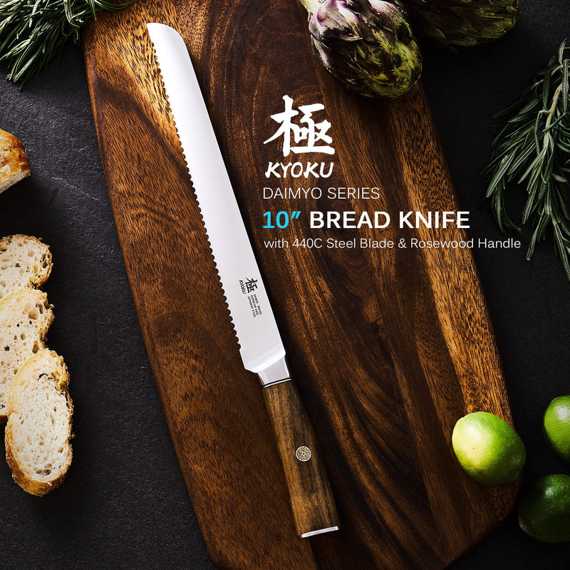 KYOKU 10 Inch Bread Knife - Daimyo Series - Serrated Knife with Ergonomic Rosewood Handle, and Mosaic Pin - Japanese 440C Stainless Steel Bread Cutter with Sheath and Case - BeesActive Australia