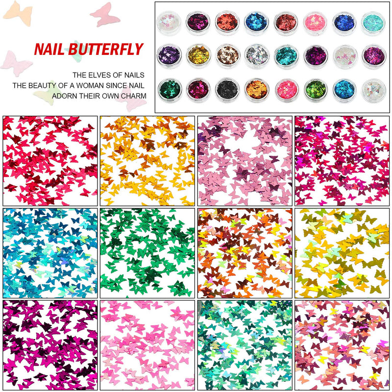 24 Boxes Glitter Holographic Butterfly Nail Sequins 3D Butterfly Nail Art Flakes Iridescent Laser Paillette for Manicure Makeup Decorations (Holographic Series) - BeesActive Australia