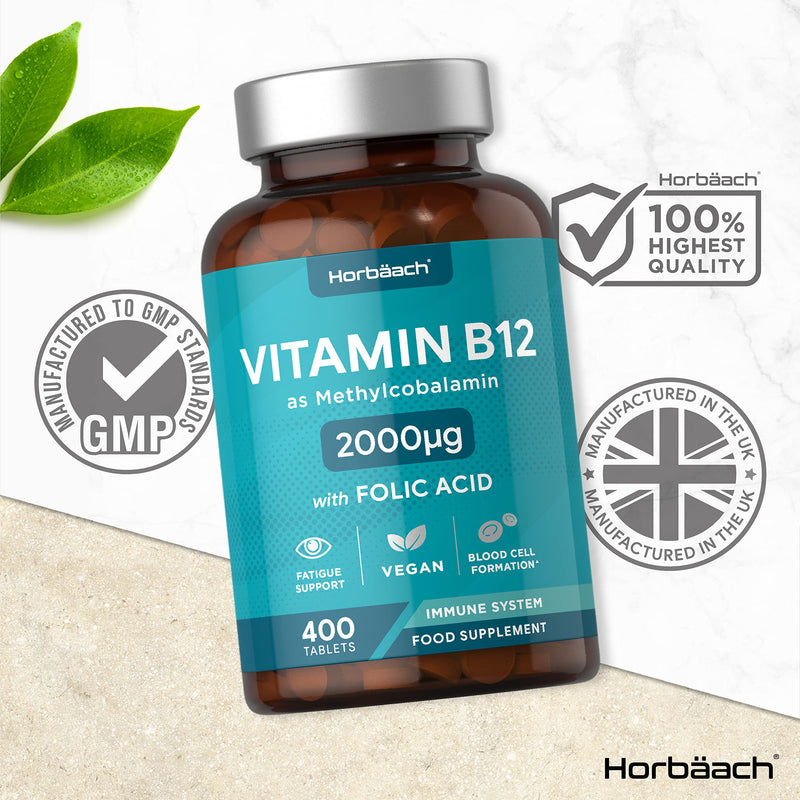 Vitamin B12 Tablets | 2000mcg | 400 Vegan Tablets | High Strength Supplement | Complex Formula with Folic Acid | by Horbaach - BeesActive Australia