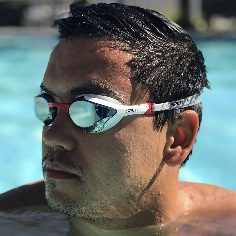 [AUSTRALIA] - Fluidix Competitive Swimming Goggles | Low Profile, Comfy & Adjustable Fit | Hydrodynamic Wide Angle Lenses for Better Vision | Anti Fog & Mirror Lenses | for Racing, Fitness, Triathlons, Laps & More White/Red 