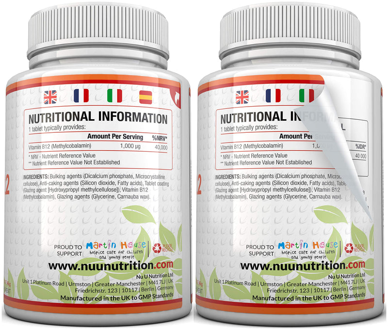 Vitamin B12 1000?g - High Strength B12 Methylcobalamin - 180 Vegetarian Tablets (6 Month Supply) - Made in The UK by Nu U Nutrition - BeesActive Australia