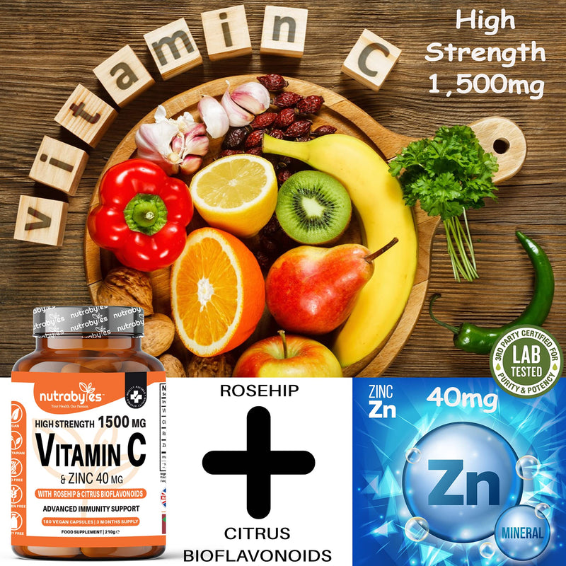 High Strength Vitamin C and Zinc Capsules | Vitamin C 1500mg and Zinc 40mg | Enhanced with Rosehip and Citrus Bioflavonoids | for Maintenance of Normal Immune System | 180 Vegan Capsules | Made in UK 180 Count (Pack of 1) - BeesActive Australia