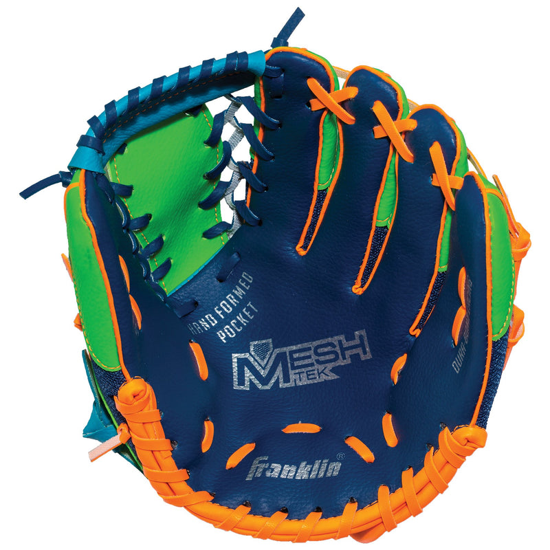 [AUSTRALIA] - Franklin Sports Teeball Glove and Ball Set - Meshtek Teeball Glove and Foam Baseball - 9.5" Right Navy/Lime/Orange 