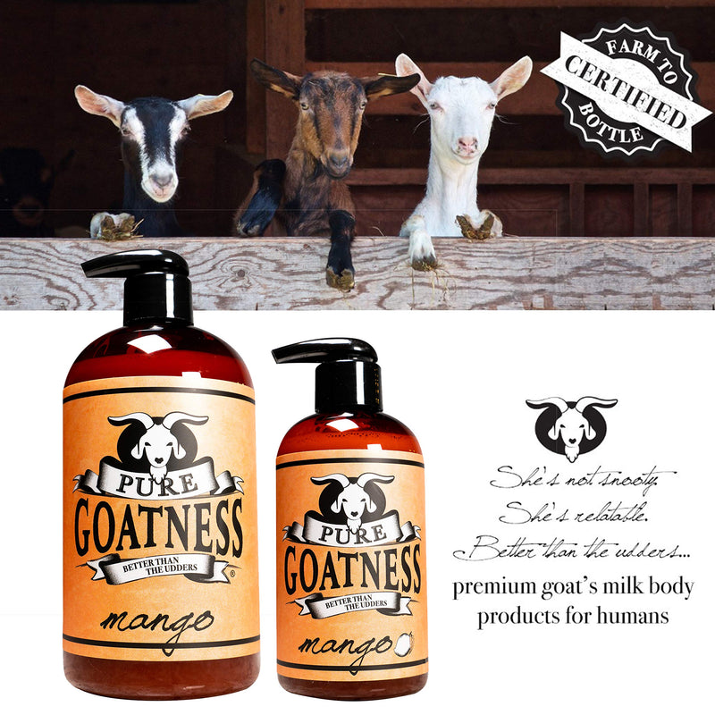 Pure Goatness Premium Goat Milk Lotion Natural Skincare Body Hand and Face rejuvenating and cleansing moisturizer (Mango, 16oz) Mango 16 Ounce - BeesActive Australia