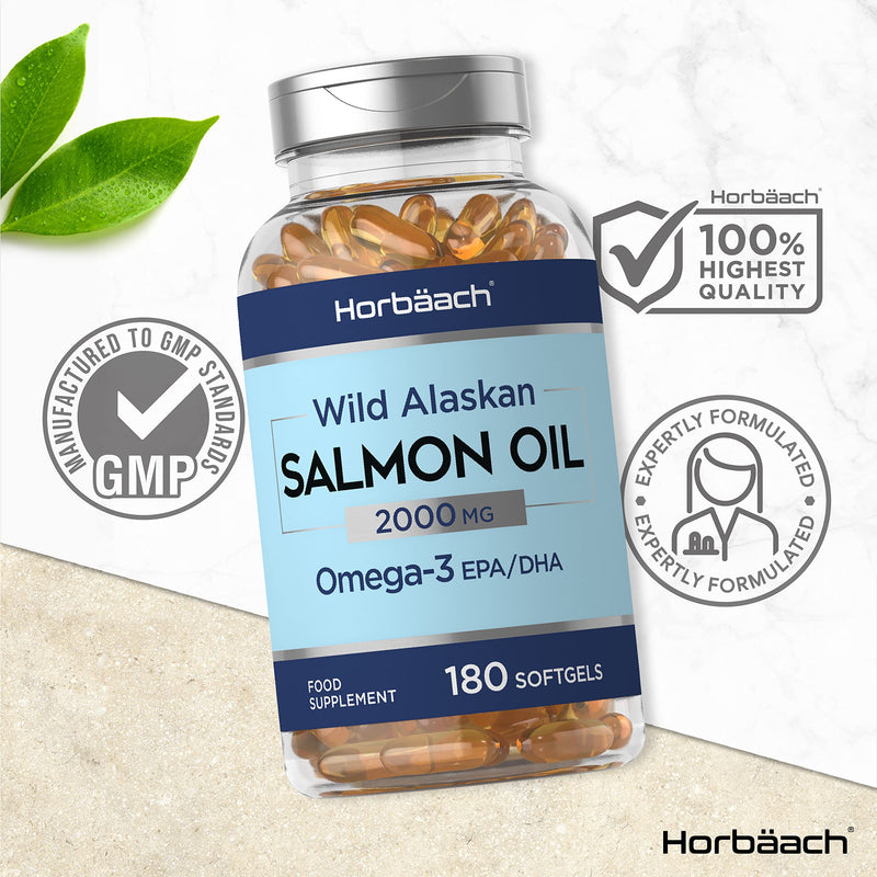 Salmon Oil 2000mg | 180 Softgel Capsules | Omega 3 Fish Supplement for Humans | with EPA/DHA Fatty Acids | Wild Alaskan | by Horbaach - BeesActive Australia